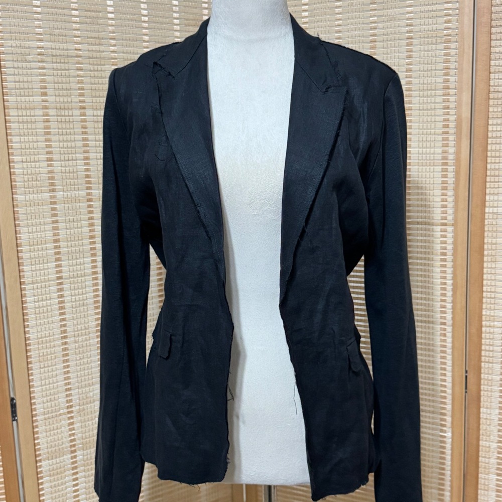 Majestic Filatures Sz 4 Black Linen Silk Blend Raw Edge Blazer Jacket open Front